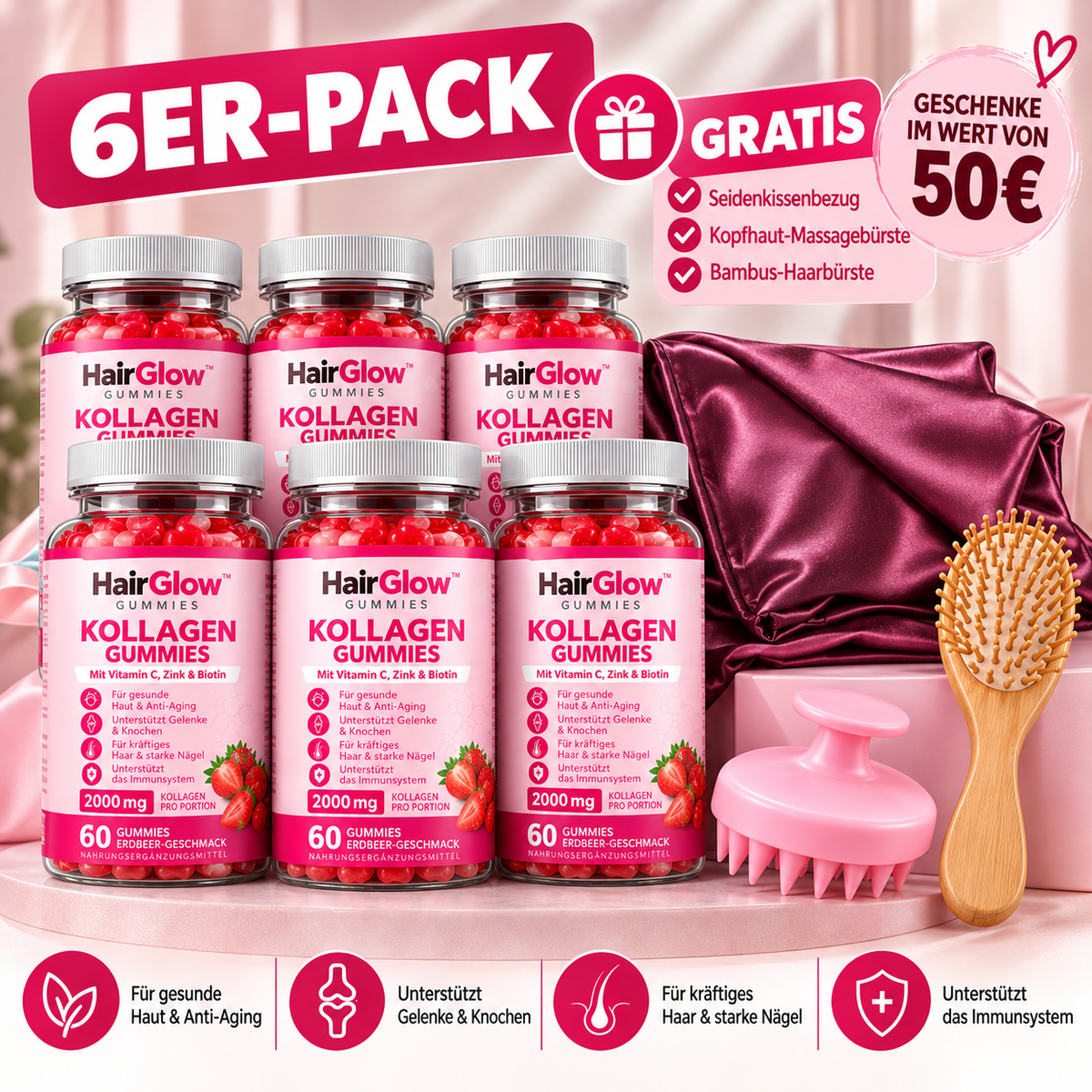 Hair Glow™ Gummies – 6er-Set (180 Tage) + 3 Gratis-Geschenke